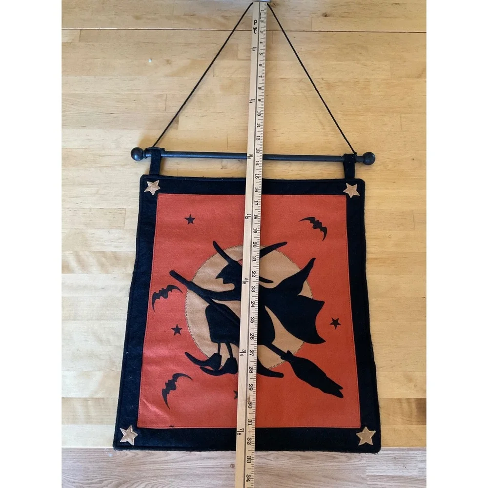 Halloween Witch Moon Felt Wall Hanging Banner Primitive Spooky  Orange Black